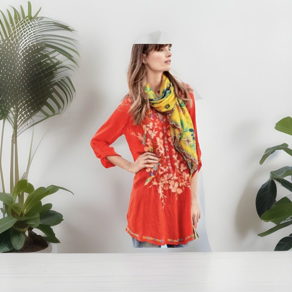 Johnny Was Tunic Top Henley V-Neck Long Roll Tab Sleeve Red Embroidered Floral S